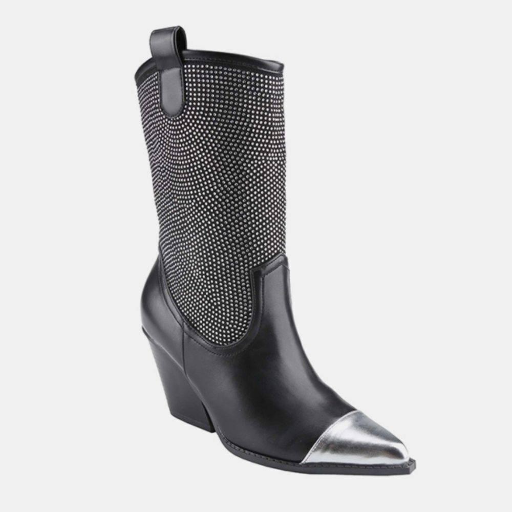 Weeboo Chunky Heel Rhinestone Western Cowboy Boots Black & Silver Women's Boots